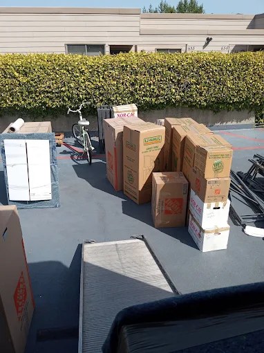Cardboard boxes and motorcycle arranged on paved loading area against hedged building